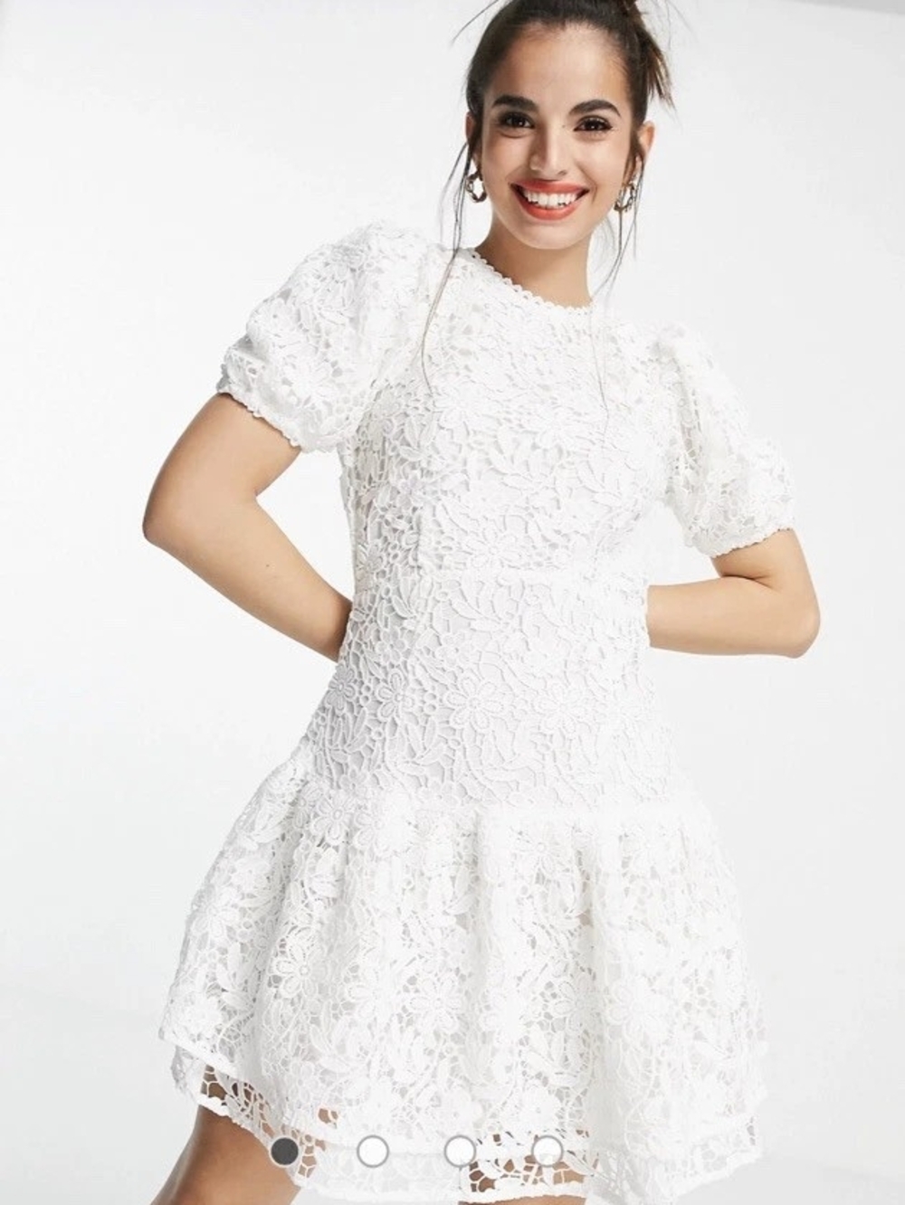 Miss Selfridge White Lace Puff-Sleeve Mini Dress
